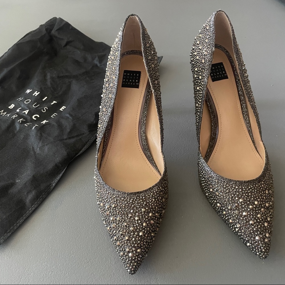 WHBM Hematite-Embellished High Heel Silver Jeweled Pumps